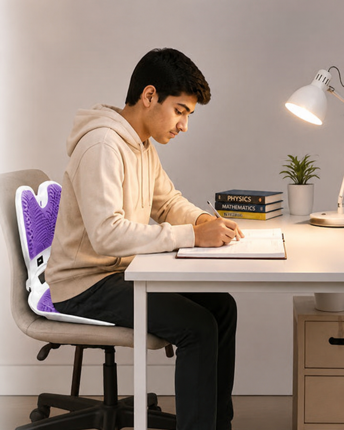 A student studying at a desk using the Posture Max Pro