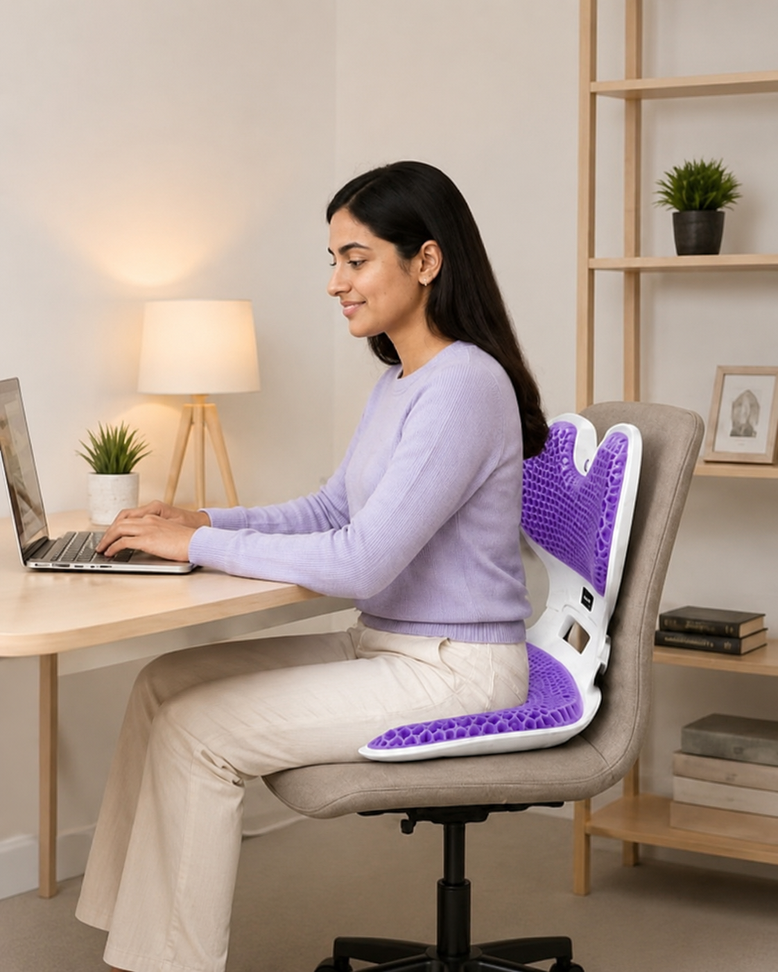 Woman working from home with the Posture Max Pro on her chair